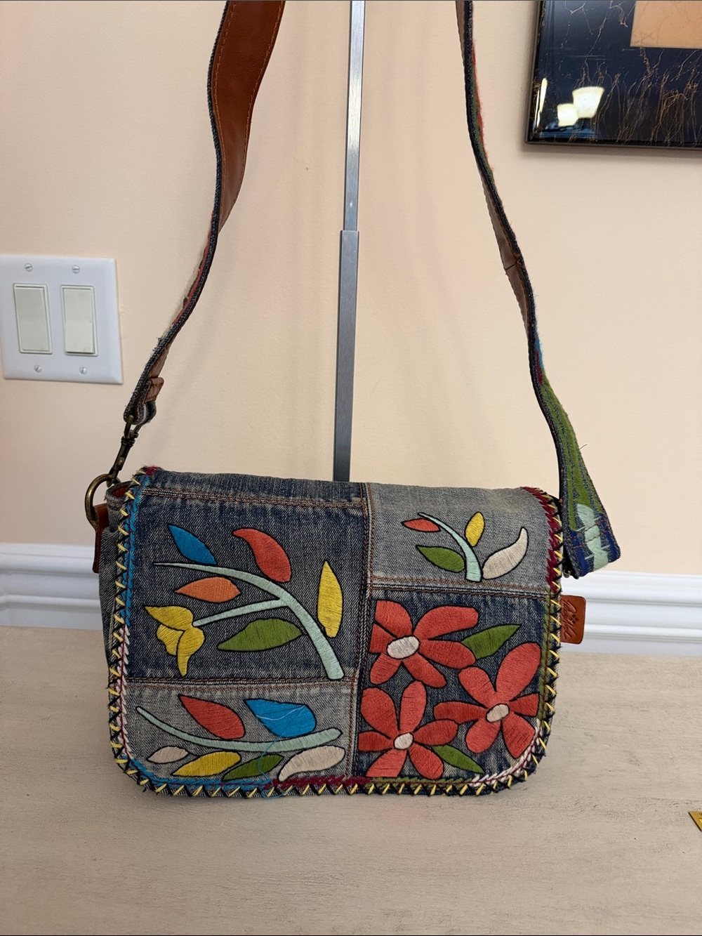 Denim Patch Floral Crossbody Bag - Multicolor